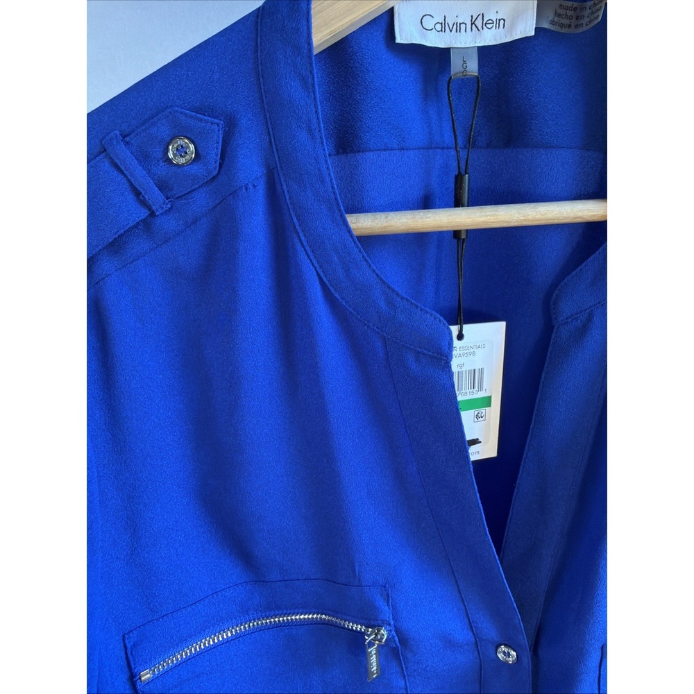 Calvin Klein Womens Button Down Blouse Royal Blue Size Large NEW
